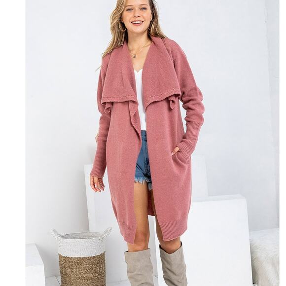 SWEATER KNIT OPEN FRONT LONG CARDIGAN ROSEWOOD S/M - Picture 1 of 3